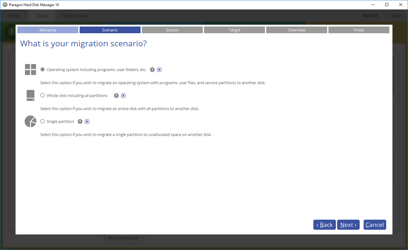 Paragon Hard Disk Manager for Windows. Safe migration of Windows OS. Manage single partitions or entire disks to new storage devices. Screenshot.
