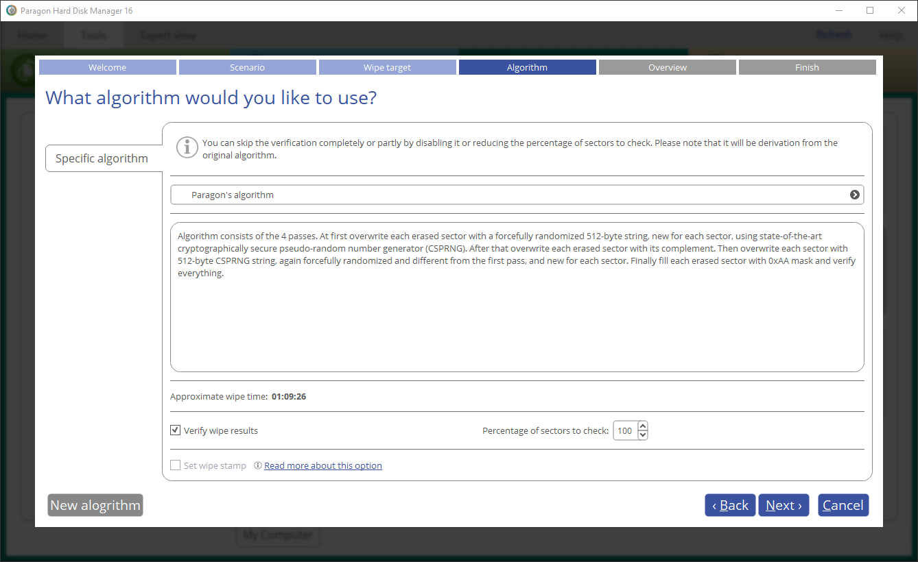 Paragon Hard Disk Manager for Windows. Use specific algorithm for partitions. Screenshot.