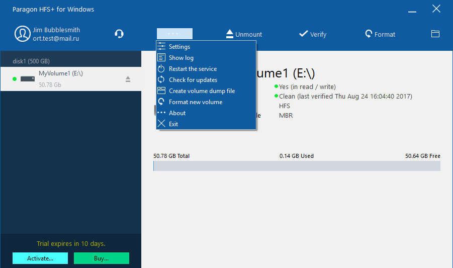 HFS+ for Windows firmy Paragon Software. Work with Mac files on Windows. Zrzut ekranu.