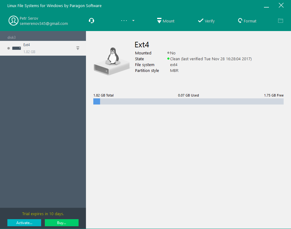 Linux File Systems for Windows by Paragon Software. Montuj partycje ExtFS w systemie Windows. Zrzut ekranu.