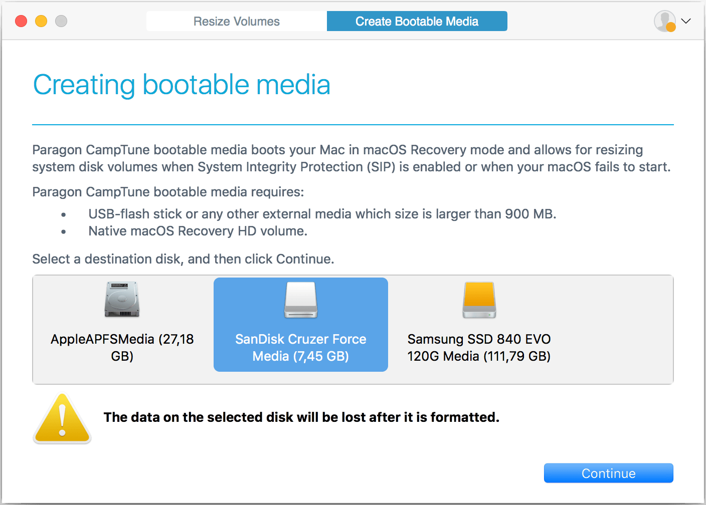 Paragon CampTune. Ustawiaj dyski jako bootowalne. Zrzut ekranu.