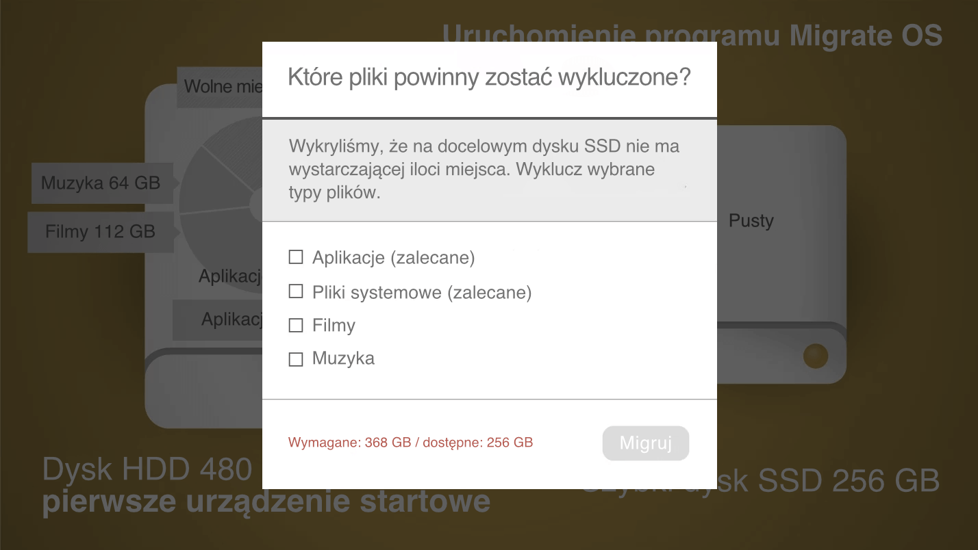 Paragon Migrate OS. Wykluczenie danych z procesu przenoszenia na docelowy dysk SSD. Zrzut ekranu.